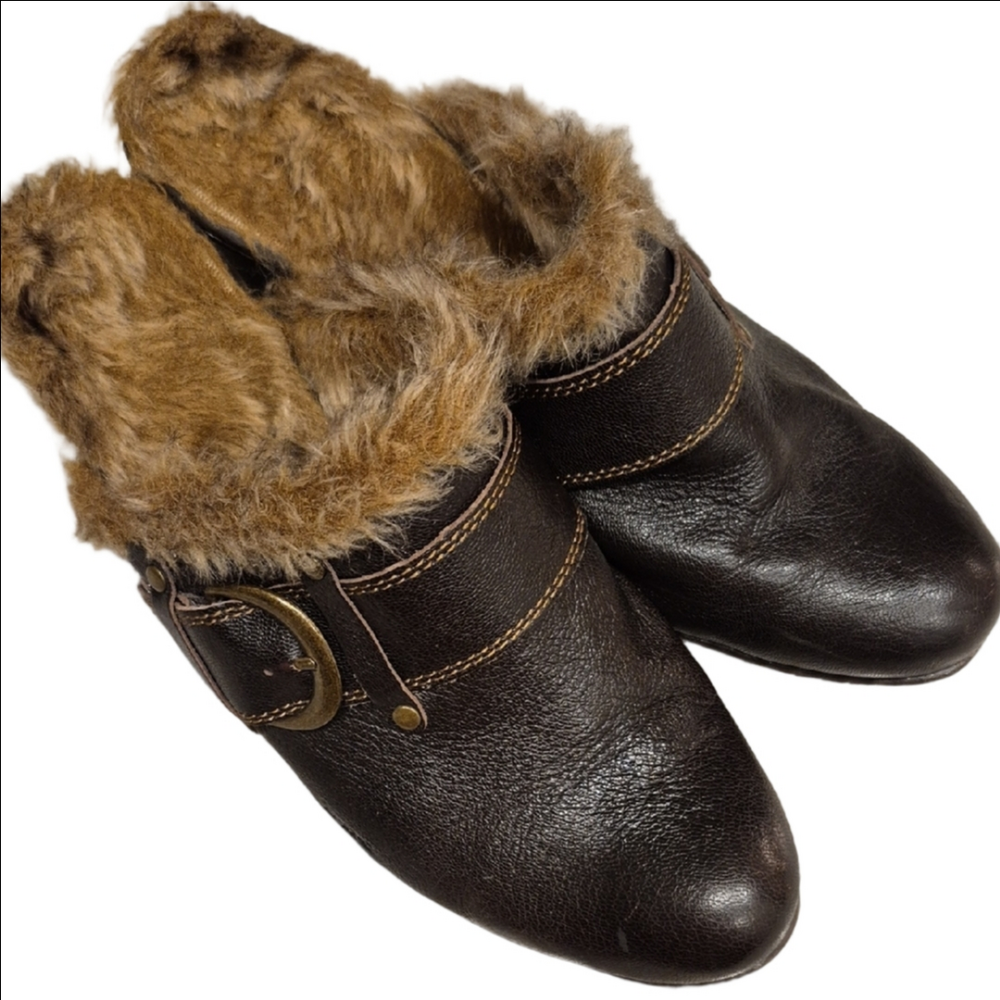 BOC Born Concepts Brown Leather Mules with Fur Trim